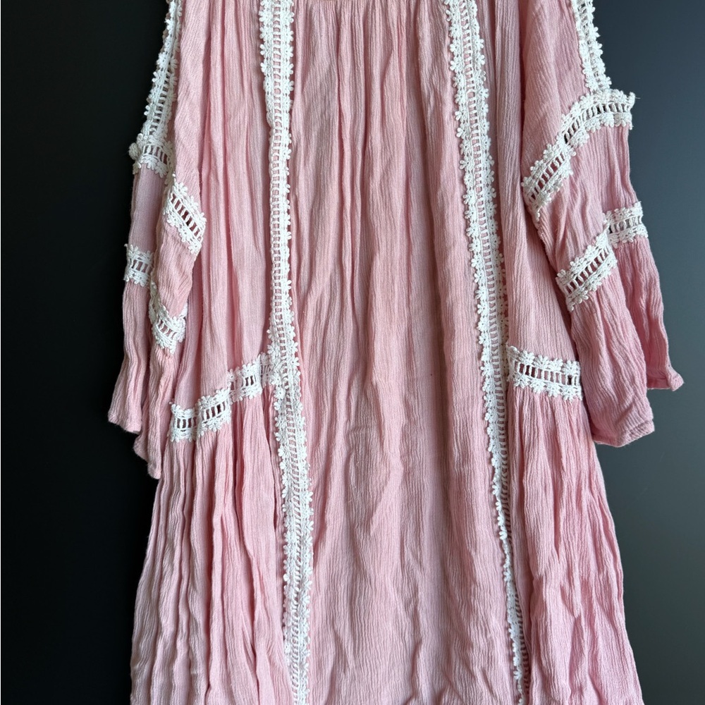 She + Sky Pink Blouse with White Lace Trim